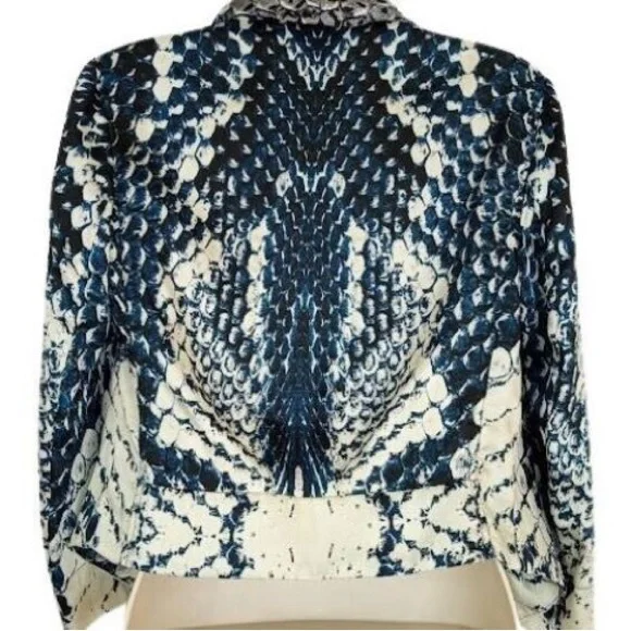 INC International Concepts Womens Crop Blazer Jacket Blue Silky Snake Print M - Picture 2 of 6
